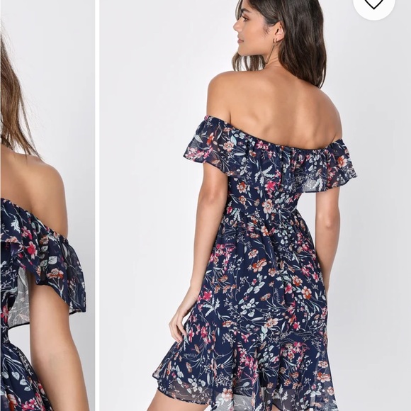 My Favorite Navy Blue Floral Print Off-the-Shoulder Dress - Picture 2 of 4